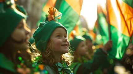 Little girl with orange bow in green hat at St Patrick's Day parade. Happy kid celebrating St Paddy's in crowd on street with Irish flags. Ireland and Celtic culture, tradition. Banner with copy space - obrazy, fototapety, plakaty