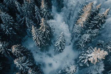 Capturing the serene beauty of a wintry forest, a breathtaking aerial view reveals a frozen landscape adorned with evergreen spruce, fir, and pine trees, reminiscent of a christmas wonderland