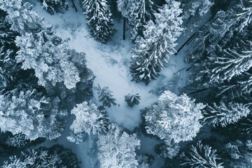 A wintry wonderland, with frost-covered spruces and firs standing tall in the freezing snow, creating a serene outdoor scene in the midst of nature's beauty