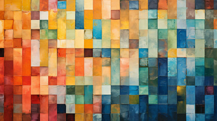 A painted collage a regular grid of multi colored