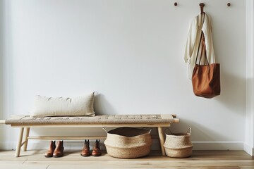 A cozy indoor scene featuring a quaint wall-mounted bench adorned with a pair of shoes and a stylish handbag hanging on a hook, adding a touch of fashion to the functional furniture - obrazy, fototapety, plakaty