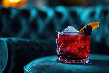 Indulge in the refreshing taste of a vibrant red cocktail, garnished with a juicy slice of orange and a single ice cube, perfect for a cozy indoor gathering - obrazy, fototapety, plakaty