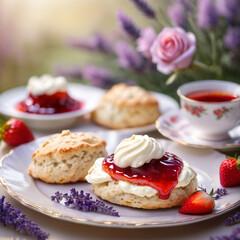 dessert lavender honey scones with clotted cream and strawberry rose jam. ai generative