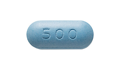 One blue pill. Dosage 500, antibiotic. Mock up for special offers as advertising. Medical and healthcare concept. Isolated on transparent background, png