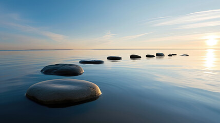 Fototapeta na wymiar Smooth Stones Leading Across Calm Waters at Dawn, a Pathway to Peaceful Reflection