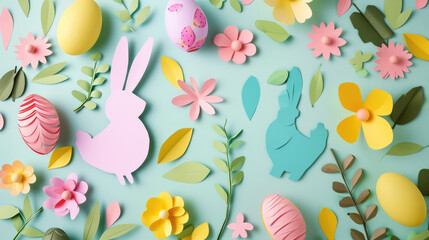 Easter Craft, Colorful Paper Cut-Outs of Bunnies, Eggs, and Flowers Creating a Festive Spring Scene
