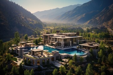 An aerial view of a luxury resort nestled in the mountains with a sparkling pool