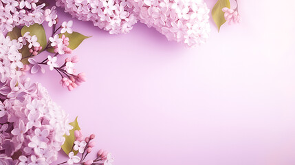 Frame from branches of blooming lilac. Spring purple background with copy space.