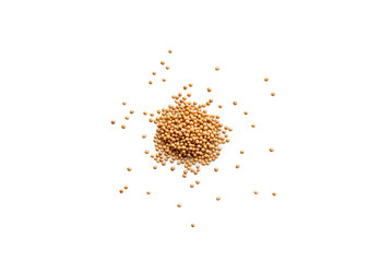 Heap of organic dry yellow mustard seeds isolated on a transparent background with shadows from...