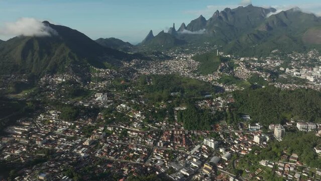 Wonderful landscape and mountain town. Mountain of the Finger of God, the city of Teresopolis, State of Rio de Janeiro, Brazil.