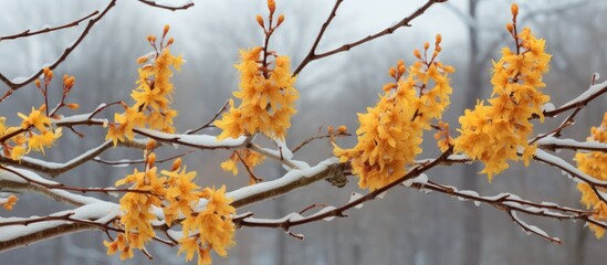 Winter flowering Hamamelis, Witch Hazel, blooms on naked branches.