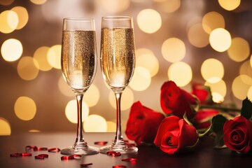 Valentines day concept. Champagne glasses and flowers on blurred background