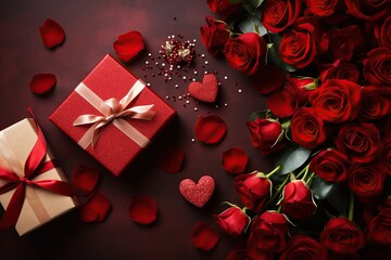 Valentines day. Gift boxes with hearts and rose flowers on dark background