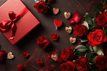 Valentines day. Gift box with hearts and rose flowers on dark background