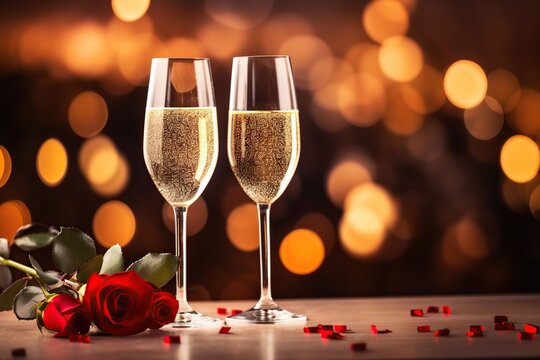 Valentines day concept. Champagne glasses and flowers on blurred background