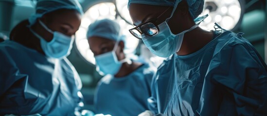 A diverse surgical team saves a patient in a modern hospital, specializing in neurosurgery.