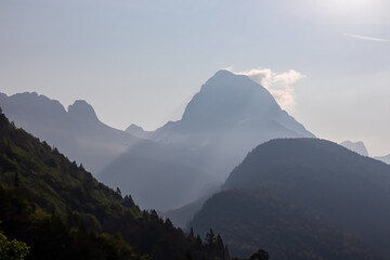 Panoramic view of mountain peak Mangart in Julian Alps, border Italy Slovenia, Europe. Jagged...