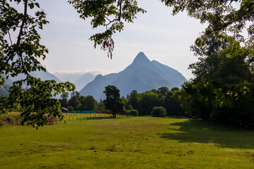 Panoramic view of mount Svinjak seen from alpine meadow in Bovec, Julian Alps, Slovenia Jagged...