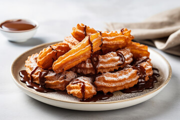 A heap of traditional Spanish dessert churros on the plate with chocolate sauce