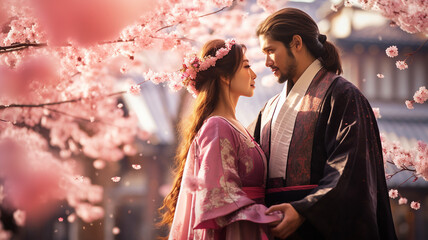 Young couple in traditional japanese kimono with sakura flowers