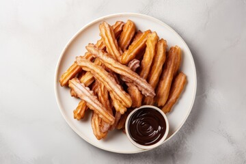 Top view of heap of traditional Spanish dessert churros on the plate with chocolate sauce