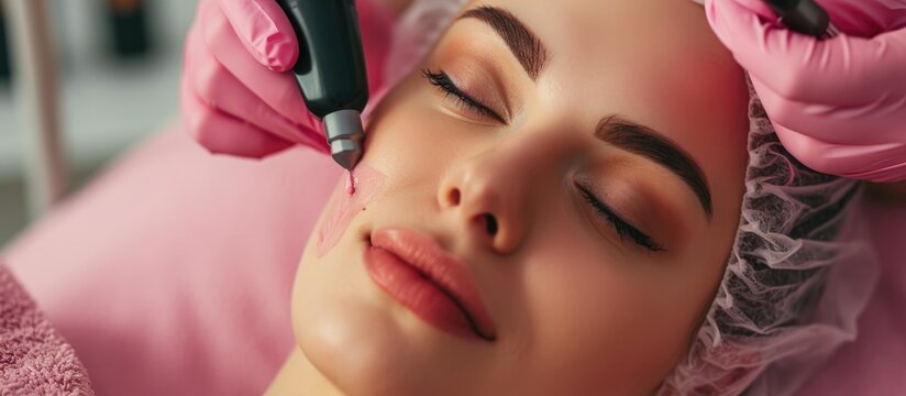Beautiful young woman receiving micro-needling treatment at beauty salon.