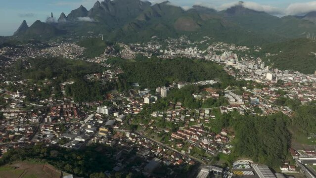 Wonderful landscape and mountain town. Mountain of the Finger of God, the city of Teresopolis, State of Rio de Janeiro, Brazil.