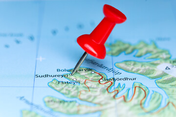 Obraz premium Sudhureyri, Iceland pin on map