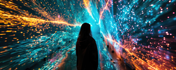 An awe-inspiring image of a person watching a 3D projection mapping show, capturing the wonder and excitement of immersive visual experiences. - obrazy, fototapety, plakaty