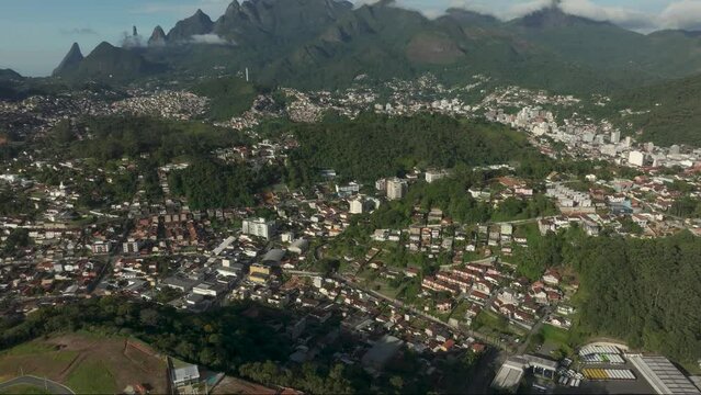 Wonderful landscape and mountain town. Mountain of the Finger of God, the city of Teresopolis, State of Rio de Janeiro, Brazil.