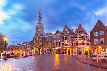 St Louis Church at the Steenschuur in Leiden during blue hour, Holland, Netherlands