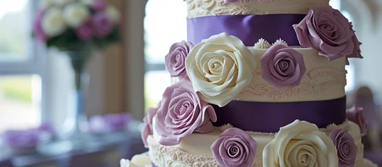 Foto op Canvas Wedding cake with lilac and cream roses, purple ribbon, in tiers. © TheWaterMeloonProjec