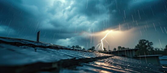 Close up photo of newly installed metal rod for lightning protection on commercial building roof during thunderstorm. - obrazy, fototapety, plakaty
