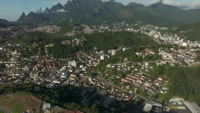 Wonderful landscape and mountain town. Mountain of the Finger of God, the city of Teresopolis, State of Rio de Janeiro, Brazil.