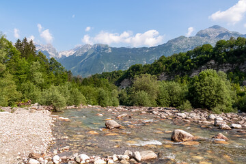 Panoramic view of Soca River in Bovec, Triglav National Park, Slovenia. Magnificent Soca Valley in...