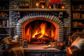 Comfortable fireplace with wood crackling in it. Nearby are bookshelves, furniture and a blanket.
