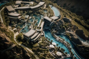 An aerial view of a luxury resort nestled in the mountains with a sparkling pool - obrazy, fototapety, plakaty