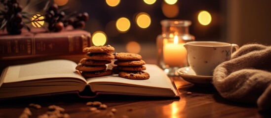 Homey ambiance with cookies, a book, candles, and fairy lights. Selective focus.