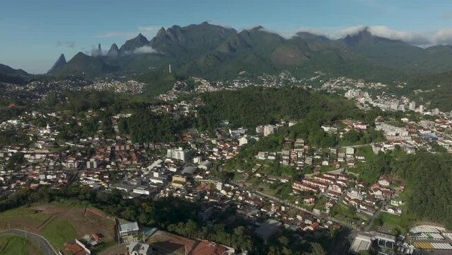 Wonderful landscape and mountain town. Mountain of the Finger of God, the city of Teresopolis, State of Rio de Janeiro, Brazil.