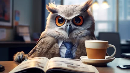 Kussenhoes Funny owl dressed as an office worker. Serious, beautiful owl in a business suit. Concept for business, employment, office lifestyle, success, career. Creative design © Елена Тиханович