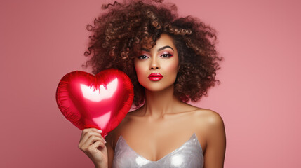 Woman with curly hair smiling while holding a heart-shaped balloon against a pink background.