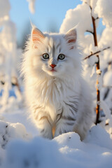 Naklejka na ściany i meble a white fluffy cat on a walk in winter in the snow, frost
