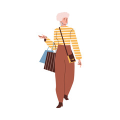 Urban woman holding bags after shopping, flat vector illustration isolated.