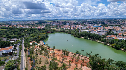 Aerial view of Taquaral park in Campinas, São Paulo. In the background, the neighborhood of Cambui.