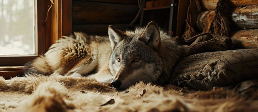Wolf skin in house hunting room photo.