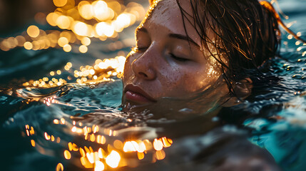 Expressive moment, a female swimmer, bathed in the glow of natural light, adorned in a sleek swimsuit