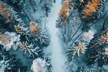 A wintry path through a forest of frozen conifers, where the frosty air bites at your skin and the snow crunches underfoot