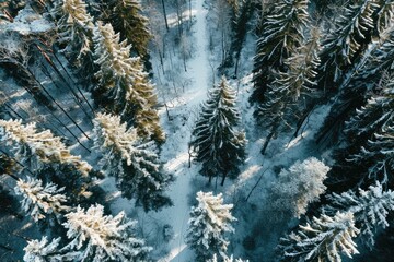 Frosty spruce and fir trees blanket a wintry forest, creating a serene and chilly scene from above