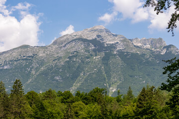 Panoramic view of mount Rombon and Vrh Nakla seen from forest in Bovec, Julian Alps, Slovenia Jagged contours of majestic mountain peaks in Soca valley. Wanderlust hiking in wild Slovenian Alps - obrazy, fototapety, plakaty