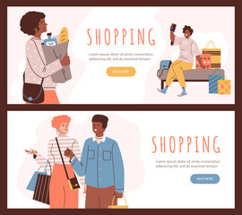 Shopping people landing page banners set.